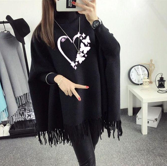 Women's Polyester Heart Printed Poncho Cape Shawl